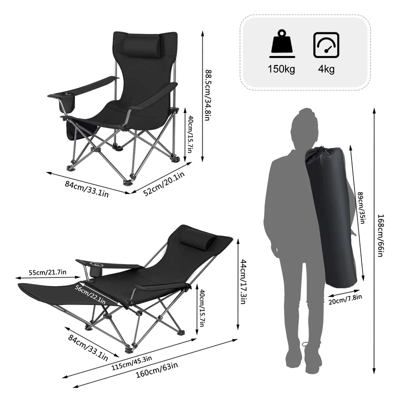 WOLTU Campingstuhl klappbarer Angelstuhl ultraleichter Stuhl Liegestuhl mit Lehne Fußstütze Getränkehalter Aufbewahrungstasche Sonnenstuhl belastbar 150 kg Faltstuhl aus Oxford-Gewebe Schwarz