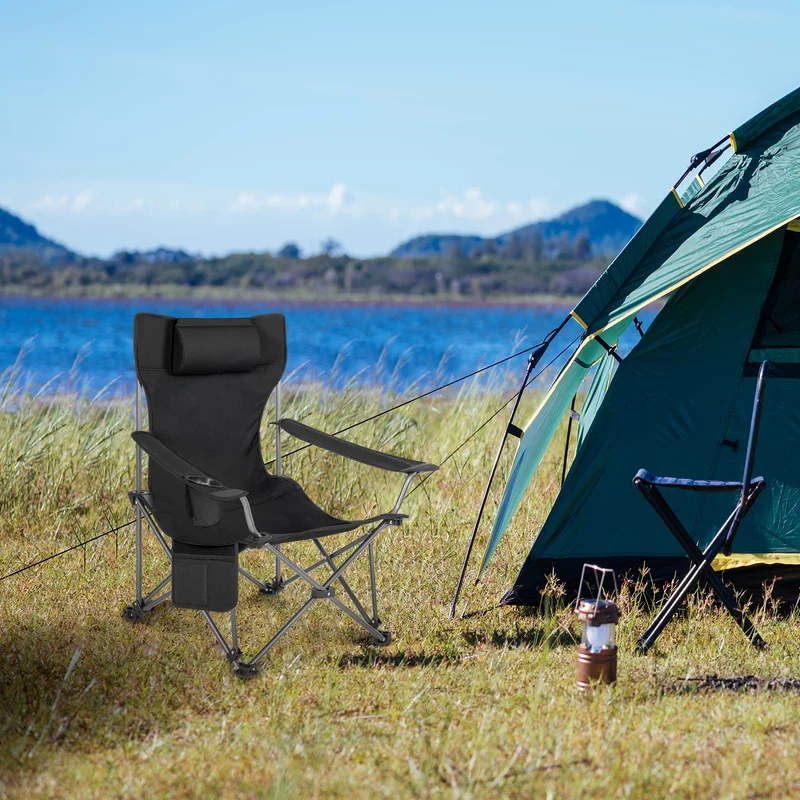WOLTU Campingstuhl klappbarer Angelstuhl ultraleichter Stuhl Liegestuhl mit Lehne Fußstütze Getränkehalter Aufbewahrungstasche Sonnenstuhl belastbar 150 kg Faltstuhl aus Oxford-Gewebe Schwarz