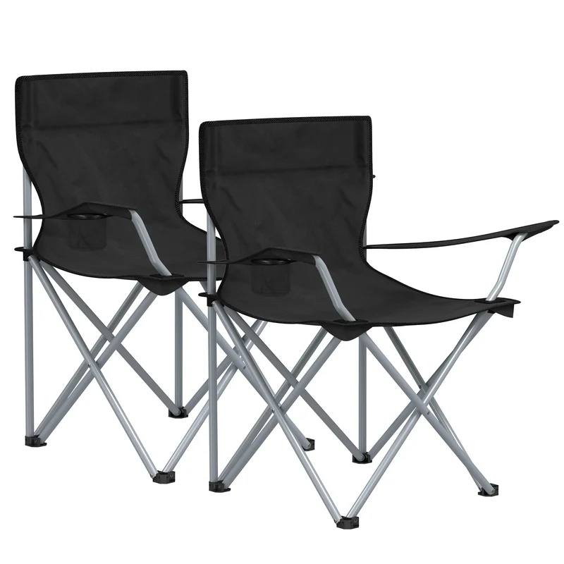 SONGMICS Campingstuhl, 2er Set, Klappstuhl für Outdoor, Angelstuhl mit Armlehnen und Getränkehalter, tragbar, klappbar, bis 120 kg belastbar, für Camping, Garten, Strand, Terrasse, schwarz GCB01BK