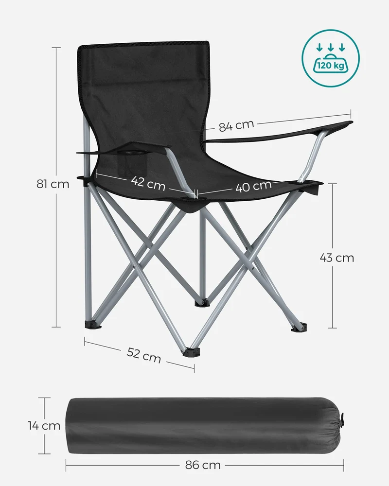 SONGMICS Campingstuhl, 2er Set, Klappstuhl für Outdoor, Angelstuhl mit Armlehnen und Getränkehalter, tragbar, klappbar, bis 120 kg belastbar, für Camping, Garten, Strand, Terrasse, schwarz GCB01BK
