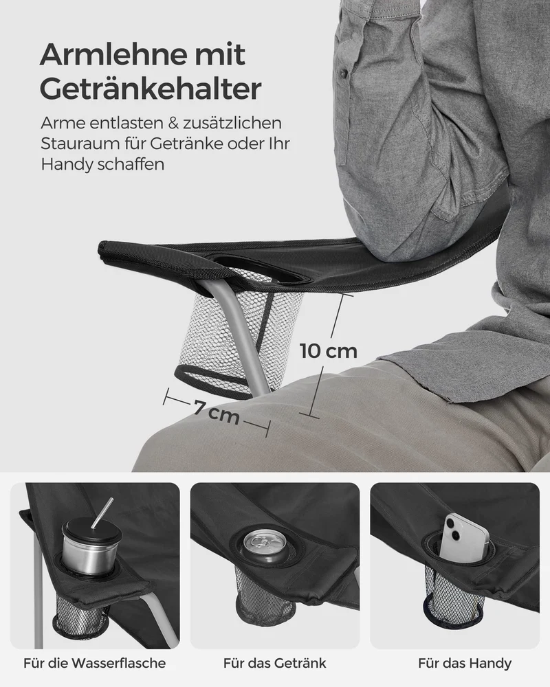 SONGMICS Campingstuhl, 2er Set, Klappstuhl für Outdoor, Angelstuhl mit Armlehnen und Getränkehalter, tragbar, klappbar, bis 120 kg belastbar, für Camping, Garten, Strand, Terrasse, schwarz GCB01BK