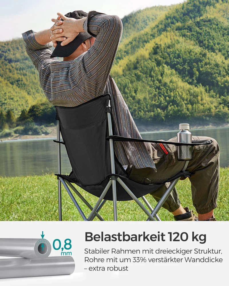 SONGMICS Campingstuhl, 2er Set, Klappstuhl für Outdoor, Angelstuhl mit Armlehnen und Getränkehalter, tragbar, klappbar, bis 120 kg belastbar, für Camping, Garten, Strand, Terrasse, schwarz GCB01BK