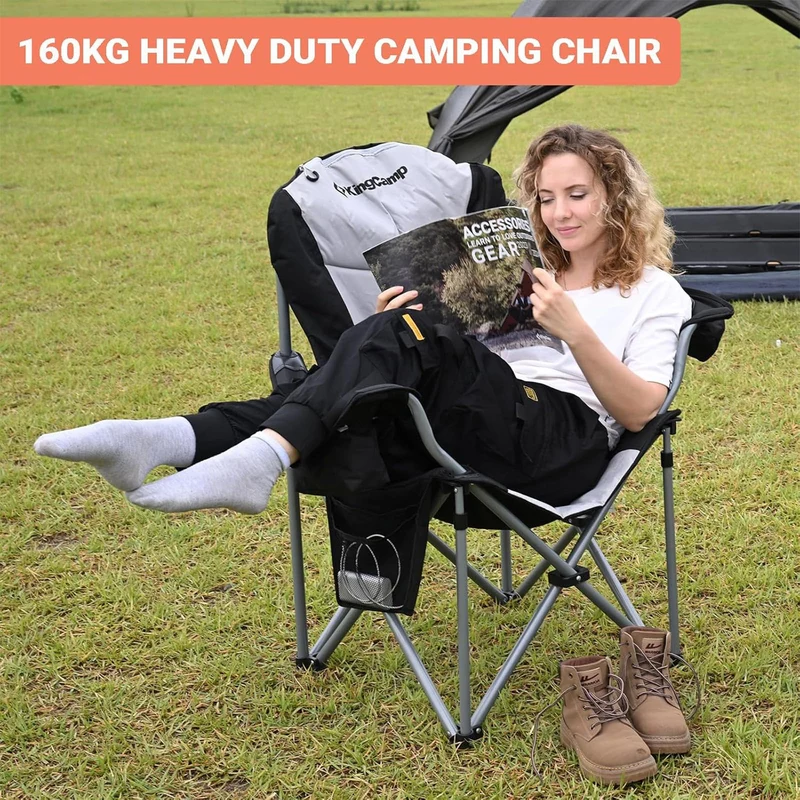 KingCamp Campingstuhl Klappstuhl Angelnstuhl faltbar Rückenlehne und Kühltasche mit Verstellbarer bis 160 kg belastbar