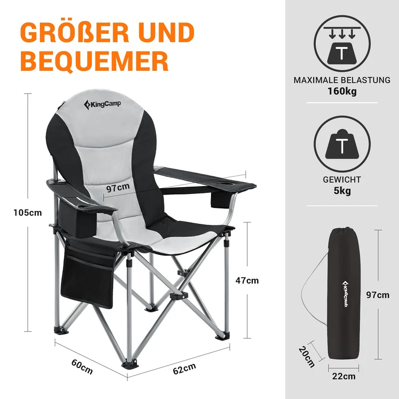 KingCamp Campingstuhl Klappstuhl Angelnstuhl faltbar Rückenlehne und Kühltasche mit Verstellbarer bis 160 kg belastbar