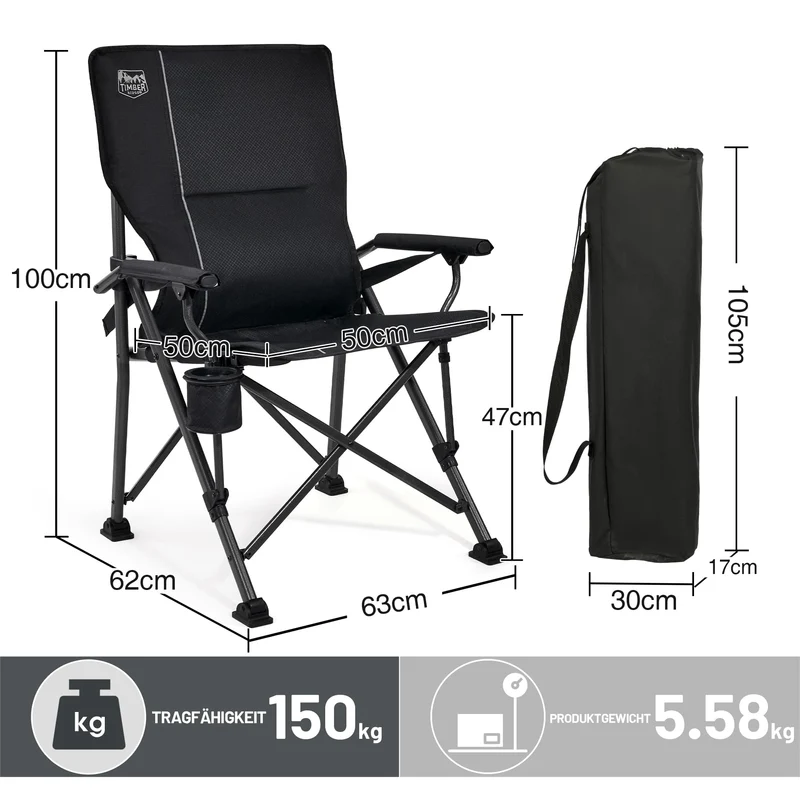 TIMBER RIDGE Campingstuhl faltbar 150kg Verstellbare Rückenlehne Klappstuhl Camping tragbar mit Getränkehalter Harte Armlehne Angelstuhl für Picknick Garten Balkon und Sportveranstaltungen