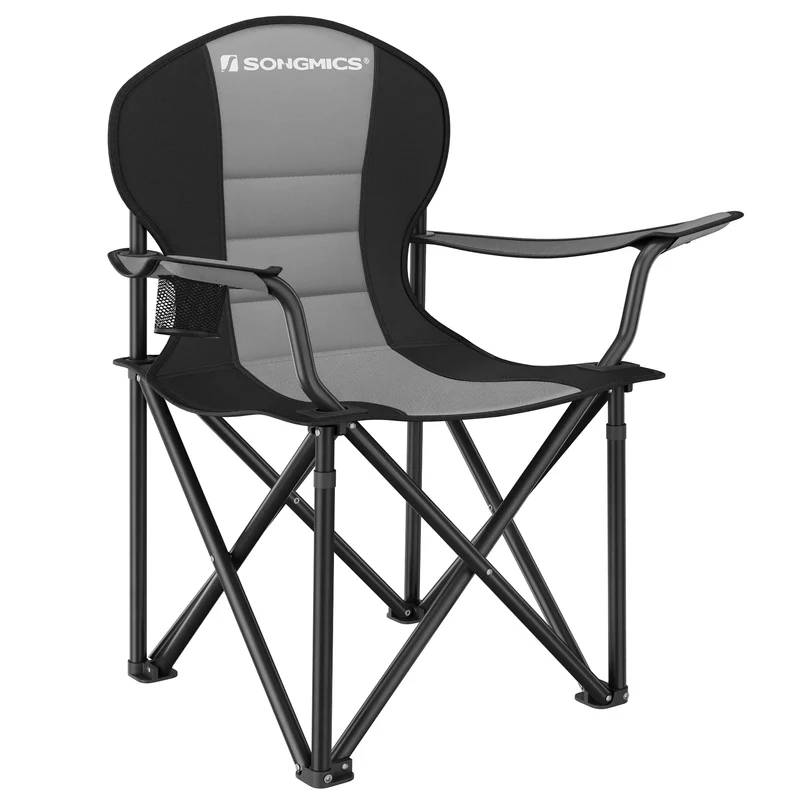 SONGMICS Strandstuhl, Campingstuhl, Klappstuhl mit Getränkehalter, Schaumstoffpolsterung, klappbar, bis 250 kg belastbar, Outdoor-Stuhl, grau-schwarz GCB006G01