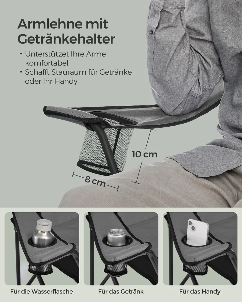 SONGMICS Strandstuhl, Campingstuhl, Klappstuhl mit Getränkehalter, Schaumstoffpolsterung, klappbar, bis 250 kg belastbar, Outdoor-Stuhl, grau-schwarz GCB006G01