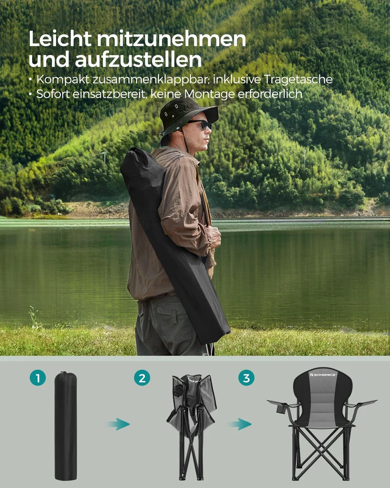 SONGMICS Strandstuhl, Campingstuhl, Klappstuhl mit Getränkehalter, Schaumstoffpolsterung, klappbar, bis 250 kg belastbar, Outdoor-Stuhl, grau-schwarz GCB006G01