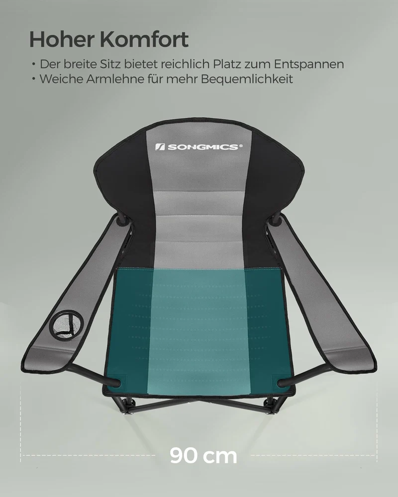 SONGMICS Strandstuhl, Campingstuhl, Klappstuhl mit Getränkehalter, Schaumstoffpolsterung, klappbar, bis 250 kg belastbar, Outdoor-Stuhl, grau-schwarz GCB006G01