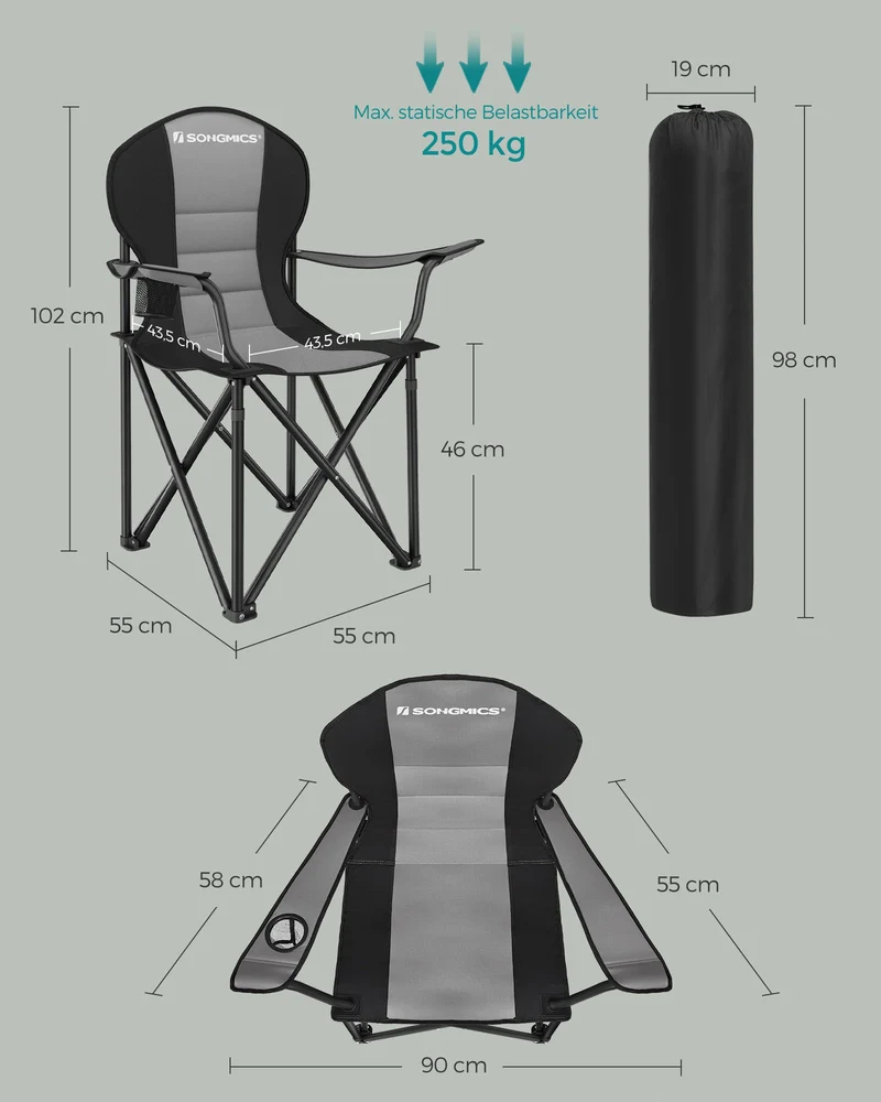 SONGMICS Strandstuhl, Campingstuhl, Klappstuhl mit Getränkehalter, Schaumstoffpolsterung, klappbar, bis 250 kg belastbar, Outdoor-Stuhl, grau-schwarz GCB006G01