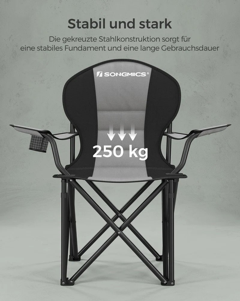 SONGMICS Strandstuhl, Campingstuhl, Klappstuhl mit Getränkehalter, Schaumstoffpolsterung, klappbar, bis 250 kg belastbar, Outdoor-Stuhl, grau-schwarz GCB006G01