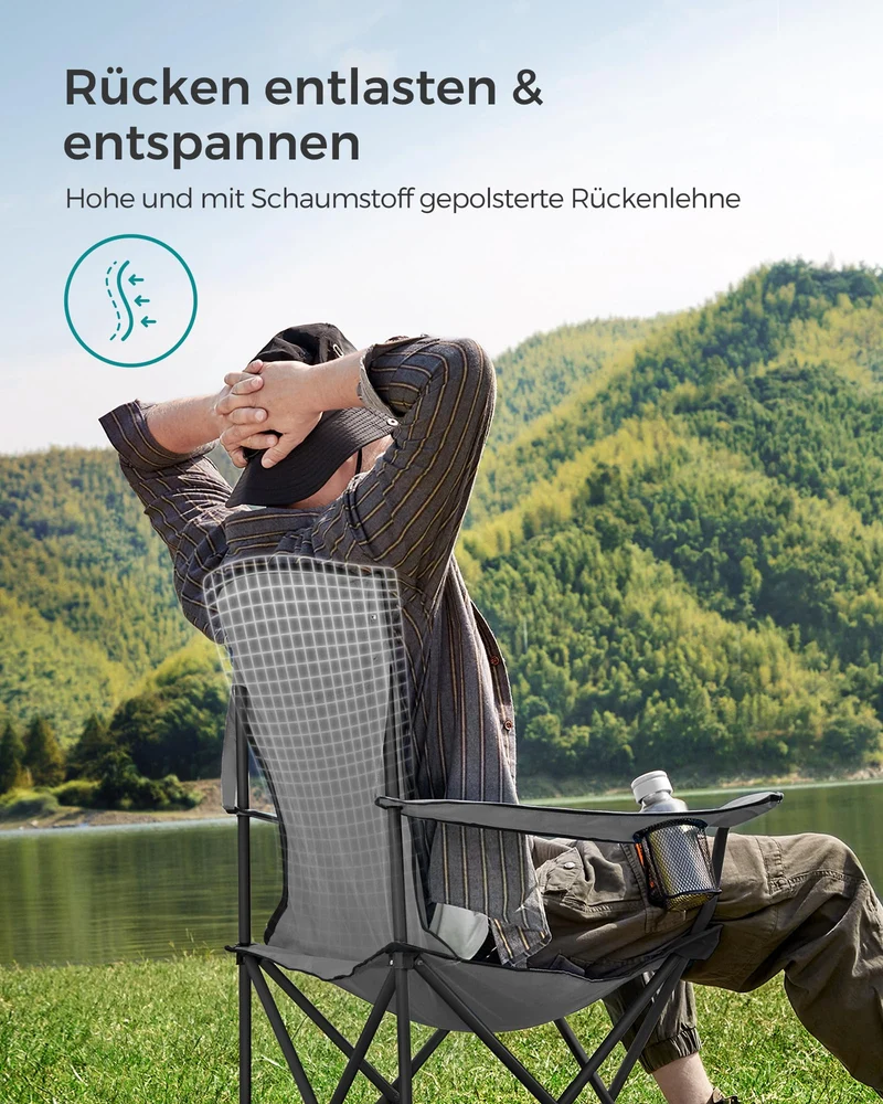 SONGMICS Strandstuhl, Campingstuhl, Klappstuhl mit Getränkehalter, Schaumstoffpolsterung, klappbar, bis 250 kg belastbar, Outdoor-Stuhl, grau-schwarz GCB006G01