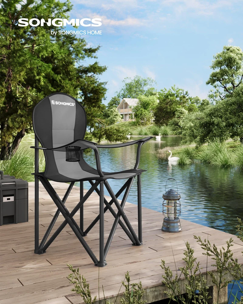 SONGMICS Strandstuhl, Campingstuhl, Klappstuhl mit Getränkehalter, Schaumstoffpolsterung, klappbar, bis 250 kg belastbar, Outdoor-Stuhl, grau-schwarz GCB006G01