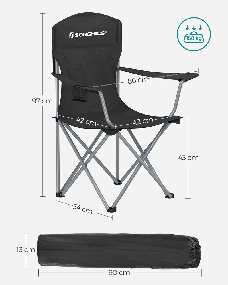 SONGMICS Campingstuhl 2er Set, Klappstuhl Outdoor, Angelstuhl, hohe Rückenlehne, Armlehnen, Getränkehalter, klappbar, bis 150 kg belastbar, Camping Garten Terrasse, schwarz GCB08BK