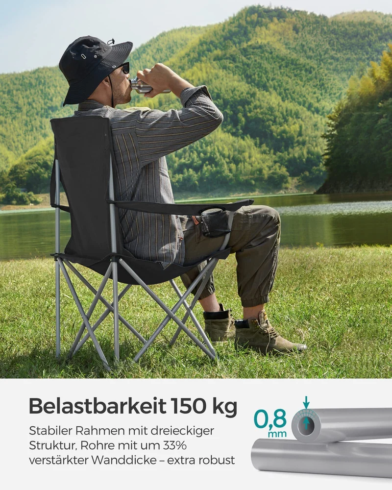 SONGMICS Campingstuhl 2er Set, Klappstuhl Outdoor, Angelstuhl, hohe Rückenlehne, Armlehnen, Getränkehalter, klappbar, bis 150 kg belastbar, Camping Garten Terrasse, schwarz GCB08BK
