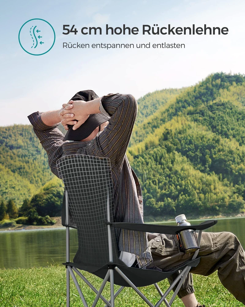 SONGMICS Campingstuhl 2er Set, Klappstuhl Outdoor, Angelstuhl, hohe Rückenlehne, Armlehnen, Getränkehalter, klappbar, bis 150 kg belastbar, Camping Garten Terrasse, schwarz GCB08BK
