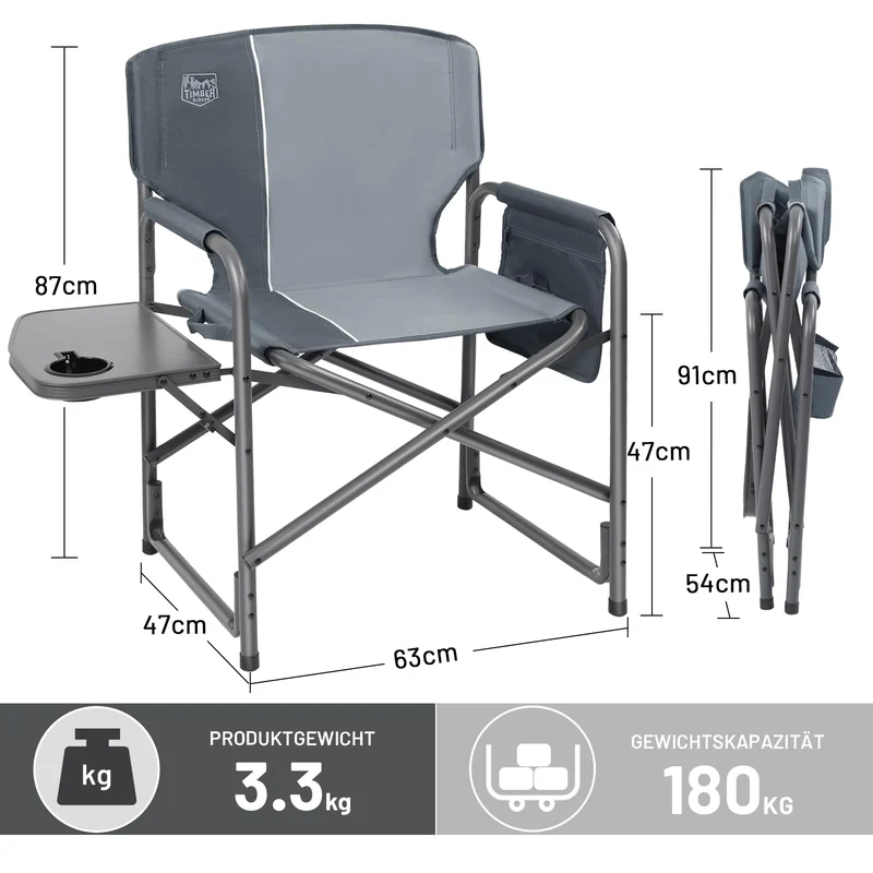 TIMBER RIDGE Campingstuhl Faltbar 180kg Regiestuhl klappbar mit Seitentisch Angelstuhl mit Seitentasche Getränkehalter tragbar Ultraleicht 3.3kg für Camping Angeln Strand Picknick Festival