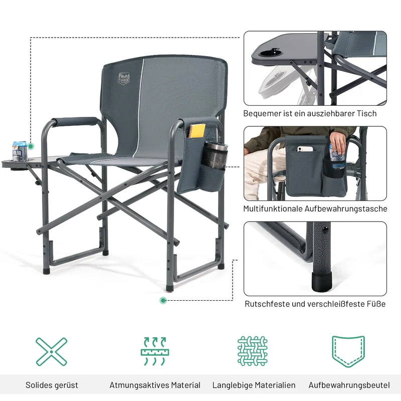 TIMBER RIDGE Campingstuhl Faltbar 180kg Regiestuhl klappbar mit Seitentisch Angelstuhl mit Seitentasche Getränkehalter tragbar Ultraleicht 3.3kg für Camping Angeln Strand Picknick Festival