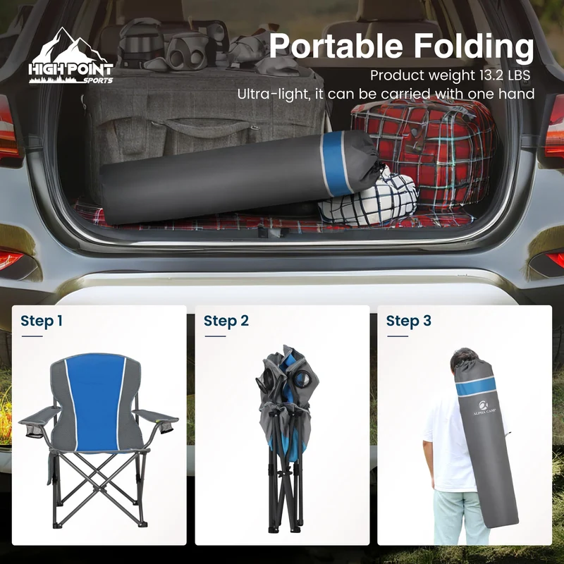 HIGH POINT SPORTS Campingstuhl Faltbar Klappstuhl mit Getränkehalter Angelstuhl Campingsessel Klappbar bis 160kg Faltstuhl Camping Blau-grau