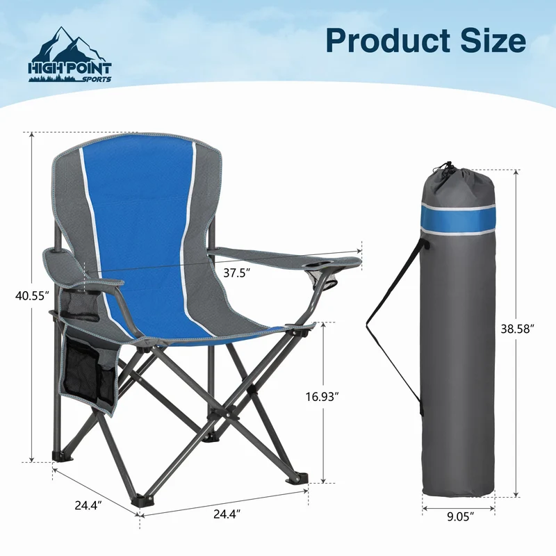 HIGH POINT SPORTS Campingstuhl Faltbar Klappstuhl mit Getränkehalter Angelstuhl Campingsessel Klappbar bis 160kg Faltstuhl Camping Blau-grau