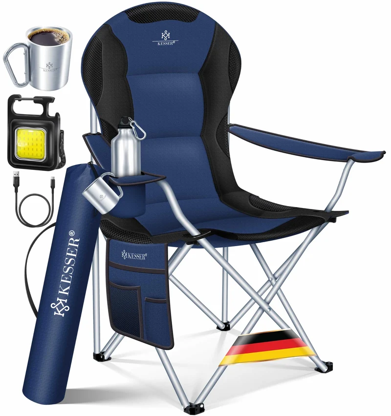 KESSER® Campingstuhl faltbar bis 150 kg Angelstuhl Faltstuhl Klappstuhl Gepolstert mit Armlehnen, hohe Rückenlehne Strandstuhl, Klapphocker inkl. Campinglicht Getränkehalter Tasche & Becher Navyblau