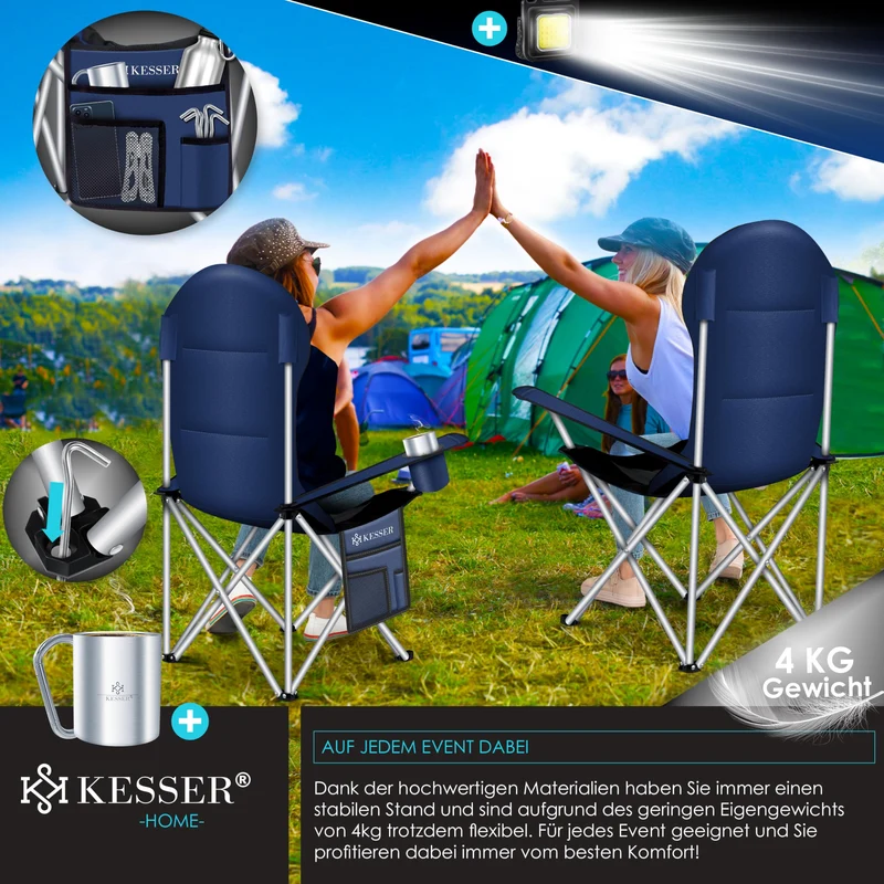 KESSER® Campingstuhl faltbar bis 150 kg Angelstuhl Faltstuhl Klappstuhl Gepolstert mit Armlehnen, hohe Rückenlehne Strandstuhl, Klapphocker inkl. Campinglicht Getränkehalter Tasche & Becher Navyblau