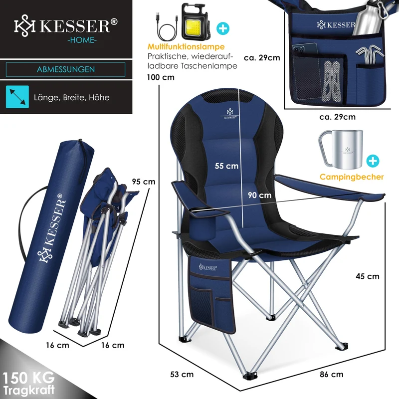 KESSER® Campingstuhl faltbar bis 150 kg Angelstuhl Faltstuhl Klappstuhl Gepolstert mit Armlehnen, hohe Rückenlehne Strandstuhl, Klapphocker inkl. Campinglicht Getränkehalter Tasche & Becher Navyblau