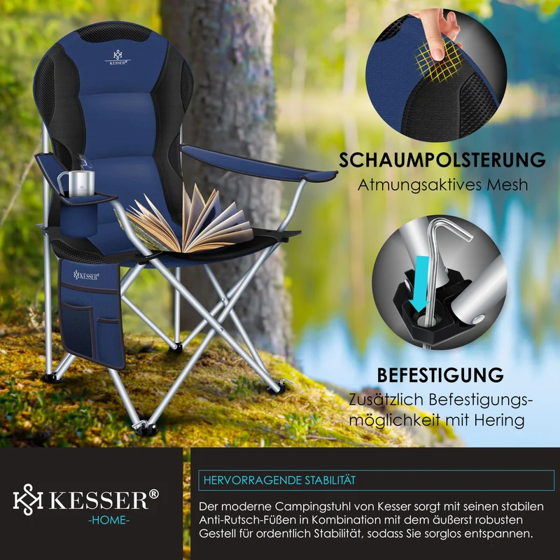 KESSER® Campingstuhl faltbar bis 150 kg Angelstuhl Faltstuhl Klappstuhl Gepolstert mit Armlehnen, hohe Rückenlehne Strandstuhl, Klapphocker inkl. Campinglicht Getränkehalter Tasche & Becher Navyblau