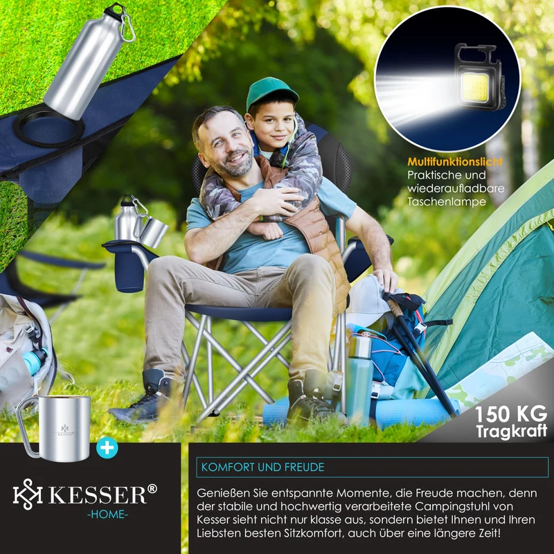 KESSER® Campingstuhl faltbar bis 150 kg Angelstuhl Faltstuhl Klappstuhl Gepolstert mit Armlehnen, hohe Rückenlehne Strandstuhl, Klapphocker inkl. Campinglicht Getränkehalter Tasche & Becher Navyblau
