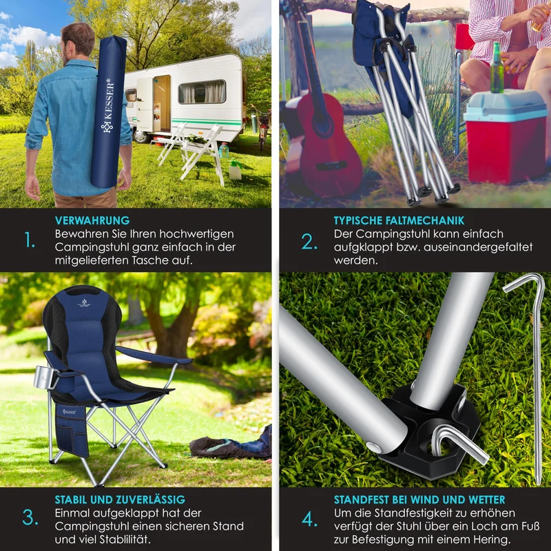 KESSER® Campingstuhl faltbar bis 150 kg Angelstuhl Faltstuhl Klappstuhl Gepolstert mit Armlehnen, hohe Rückenlehne Strandstuhl, Klapphocker inkl. Campinglicht Getränkehalter Tasche & Becher Navyblau
