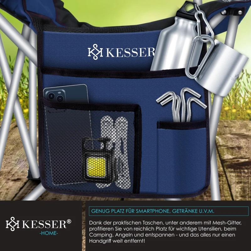KESSER® Campingstuhl faltbar bis 150 kg Angelstuhl Faltstuhl Klappstuhl Gepolstert mit Armlehnen, hohe Rückenlehne Strandstuhl, Klapphocker inkl. Campinglicht Getränkehalter Tasche & Becher Navyblau