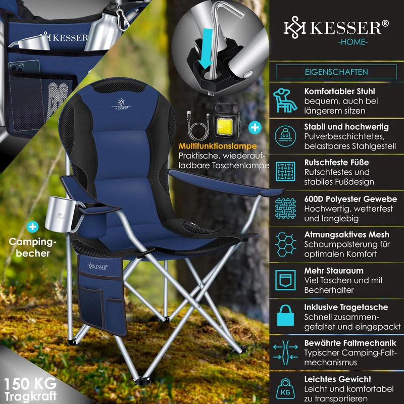 KESSER® Campingstuhl faltbar bis 150 kg Angelstuhl Faltstuhl Klappstuhl Gepolstert mit Armlehnen, hohe Rückenlehne Strandstuhl, Klapphocker inkl. Campinglicht Getränkehalter Tasche & Becher Navyblau