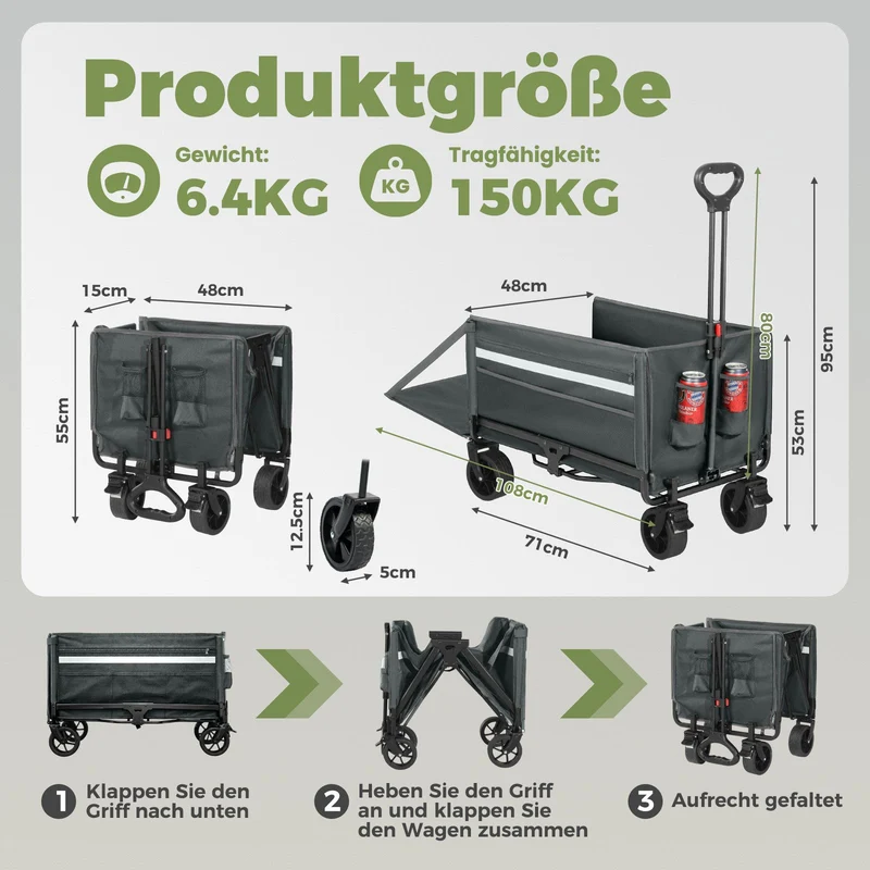 Faltbarer Bollerwagen Handwagen bis 150 kg – Strandwagen mit Dach, 120 L+ Volumen, Campingwagen mit Reflektorstreifen, Grau