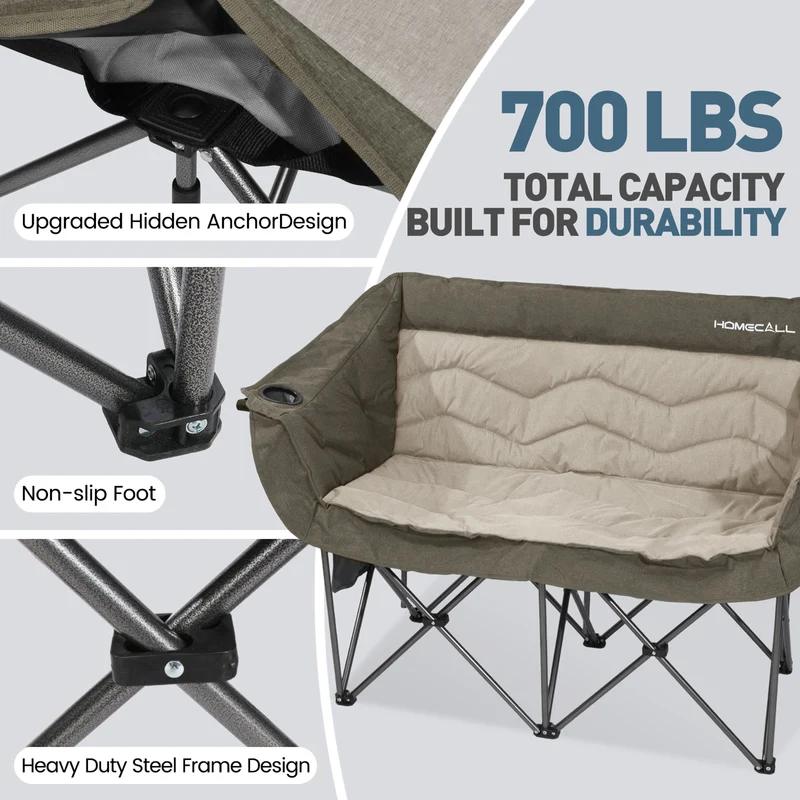 HOMECALL Campingstuhl 2 Personen faltbar – Doppel Campingsofa bis 360 kg, stabile Camping Couch mit Rückenlehne, Grün