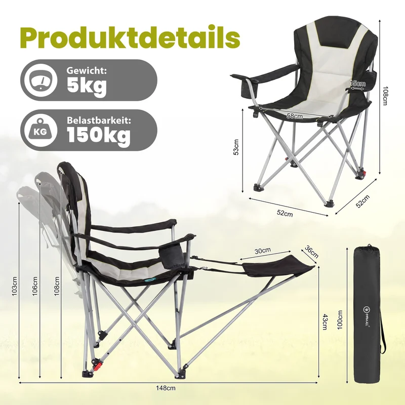 Campingstuhl mit Fußstütze – 2-in-1 Klappstuhl für Camping, Garten und Outdoor,