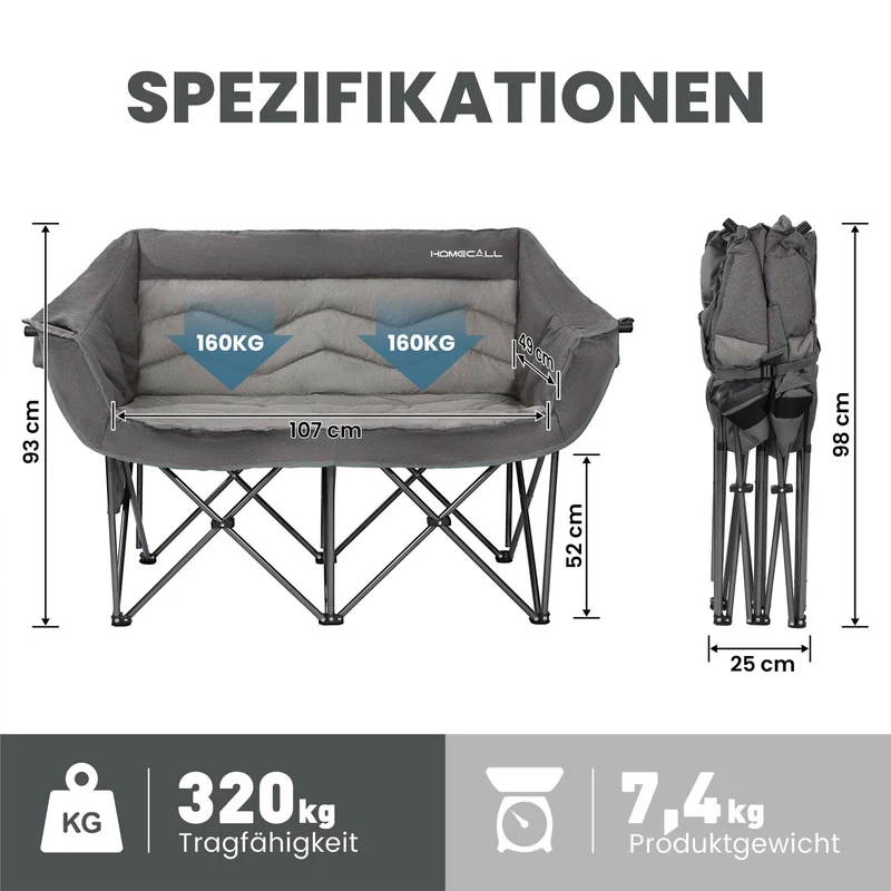HOMECALL Campingstuhl 2 Personen faltbar – Doppel Campingsofa bis 360 kg, stabile Camping Couch mit Rückenlehne, Grau