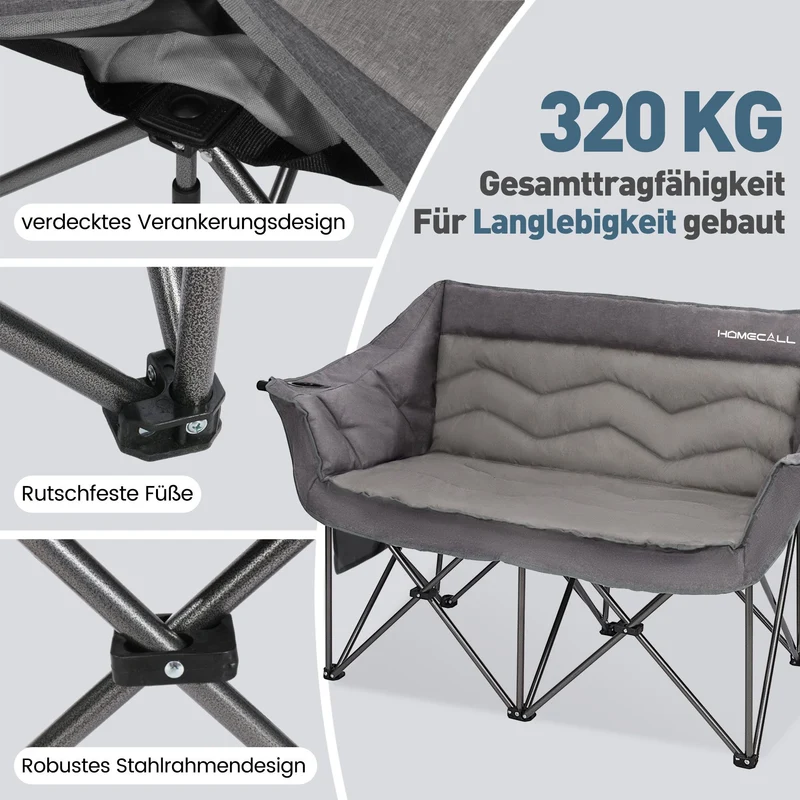 HOMECALL Campingstuhl 2 Personen faltbar – Doppel Campingsofa bis 360 kg, stabile Camping Couch mit Rückenlehne, Grau