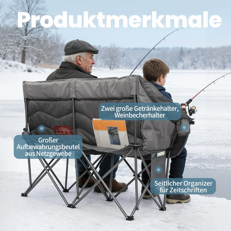 HOMECALL Campingstuhl 2 Personen faltbar – Doppel Campingsofa bis 360 kg, stabile Camping Couch mit Rückenlehne, Grau