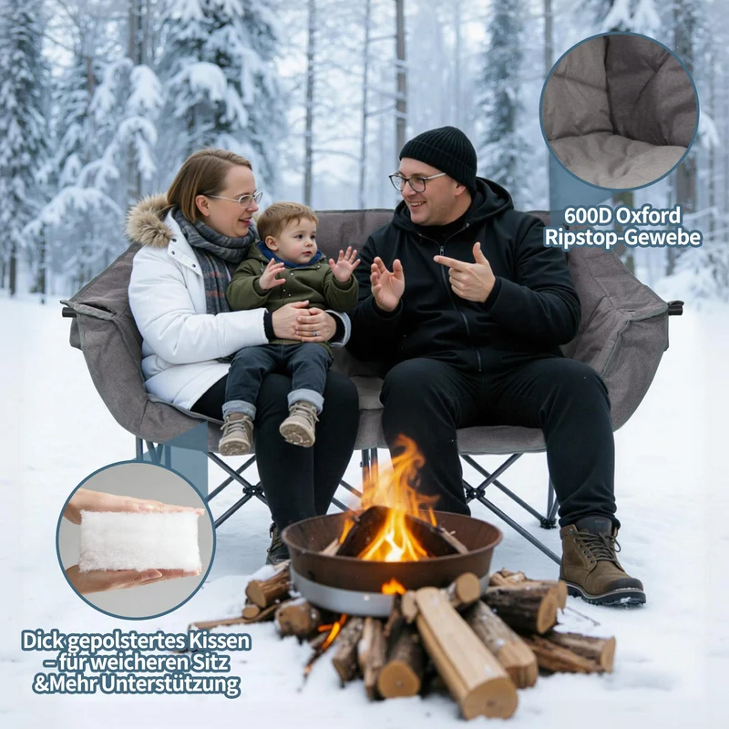 HOMECALL Campingstuhl 2 Personen faltbar – Doppel Campingsofa bis 360 kg, stabile Camping Couch mit Rückenlehne, Grau