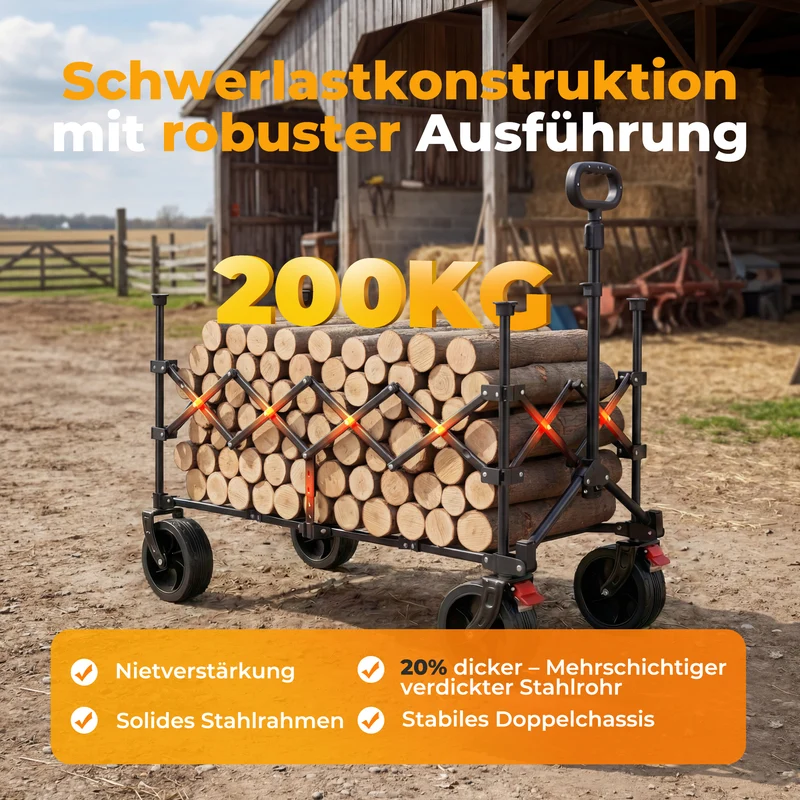 Faltbarer Bollerwagen Handwagen Strandwagen 200L XXL-Volumen mit praktischer Kühltasche, Grau