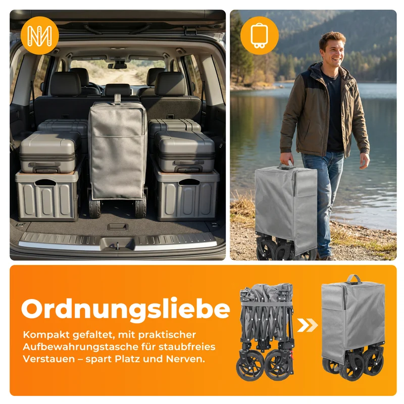 Faltbarer Bollerwagen Handwagen Strandwagen 200L XXL-Volumen mit praktischer Kühltasche, Grau