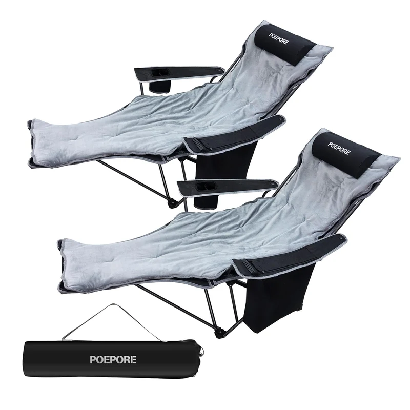 POEPORE Campingstuhl 2er Set Faltbar mit Fußstütze 4-Fach Campingstühle Strandstuhl Liegestuhl für Erwachsene 120kg Klappbarer Angelstuhl mit Kühltasche Wattepad Kissen Getränkehalter Schwarz