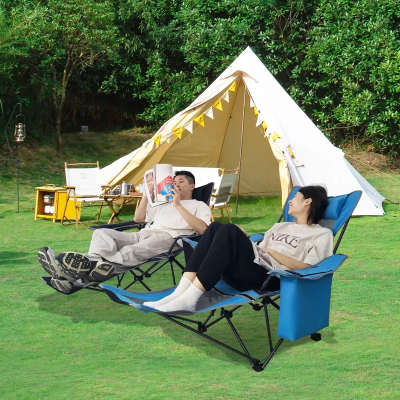 POEPORE Campingstuhl 2er Set Faltbar mit Fußstütze 4-Fach Campingstühle Strandstuhl Liegestuhl für Erwachsene 120kg Klappbarer Angelstuhl mit Kühltasche Wattepad Kissen Getränkehalter Schwarz
