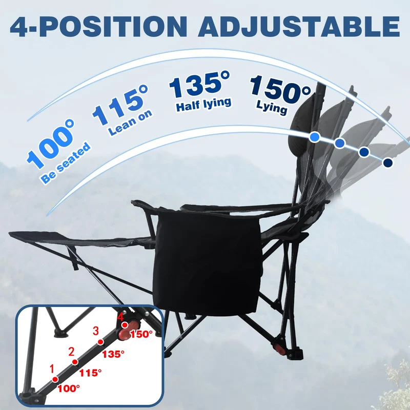POEPORE Campingstuhl 2er Set Faltbar mit Fußstütze 4-Fach Campingstühle Strandstuhl Liegestuhl für Erwachsene 120kg Klappbarer Angelstuhl mit Kühltasche Wattepad Kissen Getränkehalter Schwarz