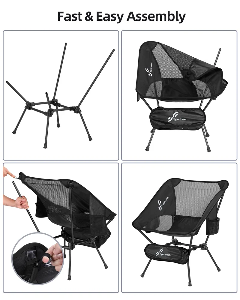 Sportneer Campingstuhl Faltbar Camping Stuhl Tragbarer Campingstühle 150Kg Faltstuhl Ultraleichter Packmaß Kleiner Klappstuhl mit Tragetasche für Picknick, Outdoor, Wandern, Schwarz, 1 Pack