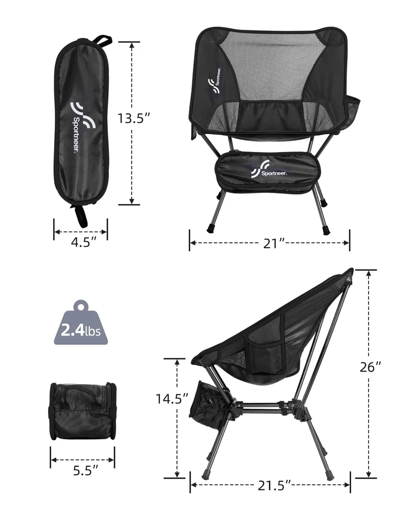 Sportneer Campingstuhl Faltbar Camping Stuhl Tragbarer Campingstühle 150Kg Faltstuhl Ultraleichter Packmaß Kleiner Klappstuhl mit Tragetasche für Picknick, Outdoor, Wandern, Schwarz, 1 Pack