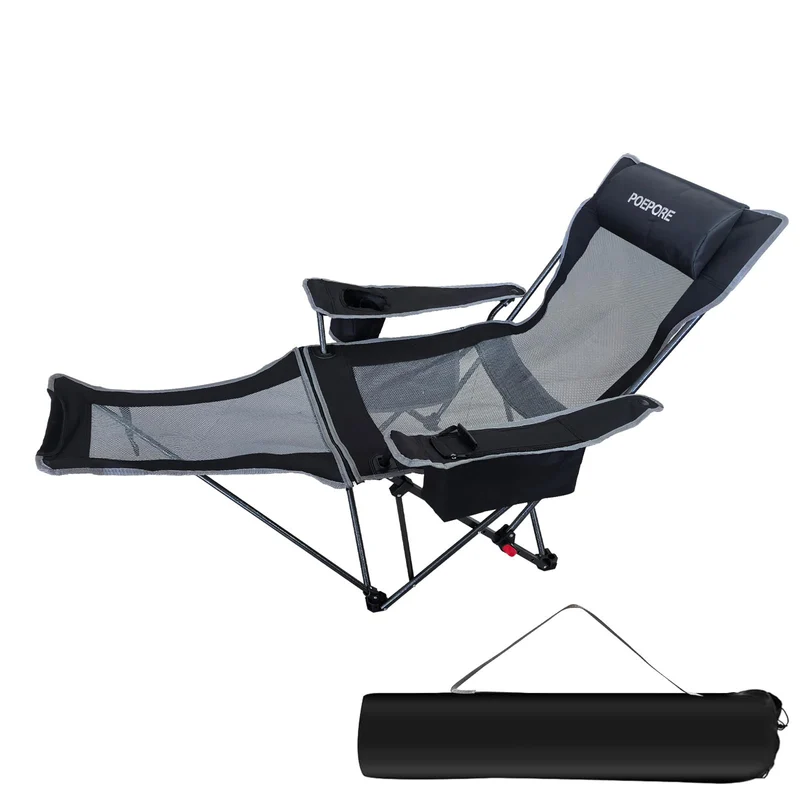 POEPORE Campingstuhl Faltbar mit Fußstütze 4-Fach Campingstühle Strandstuhl Liegestuhl für Erwachsene 120kg Verstellbarer Klappbarer Angelstuhl mit Kühltasche Kissen Getränkehalter Schwarz