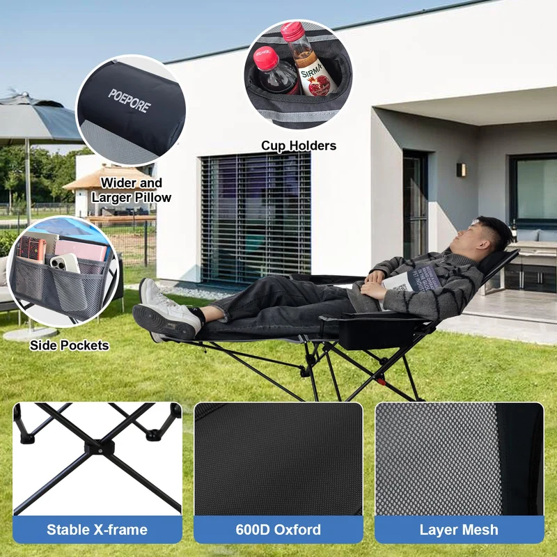 POEPORE Campingstuhl Faltbar mit Fußstütze 4-Fach Campingstühle Strandstuhl Liegestuhl für Erwachsene 120kg Verstellbarer Klappbarer Angelstuhl mit Kühltasche Kissen Getränkehalter Schwarz