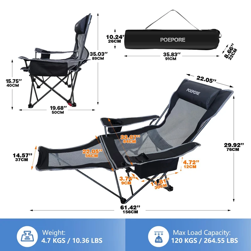 POEPORE Campingstuhl Faltbar mit Fußstütze 4-Fach Campingstühle Strandstuhl Liegestuhl für Erwachsene 120kg Verstellbarer Klappbarer Angelstuhl mit Kühltasche Kissen Getränkehalter Schwarz