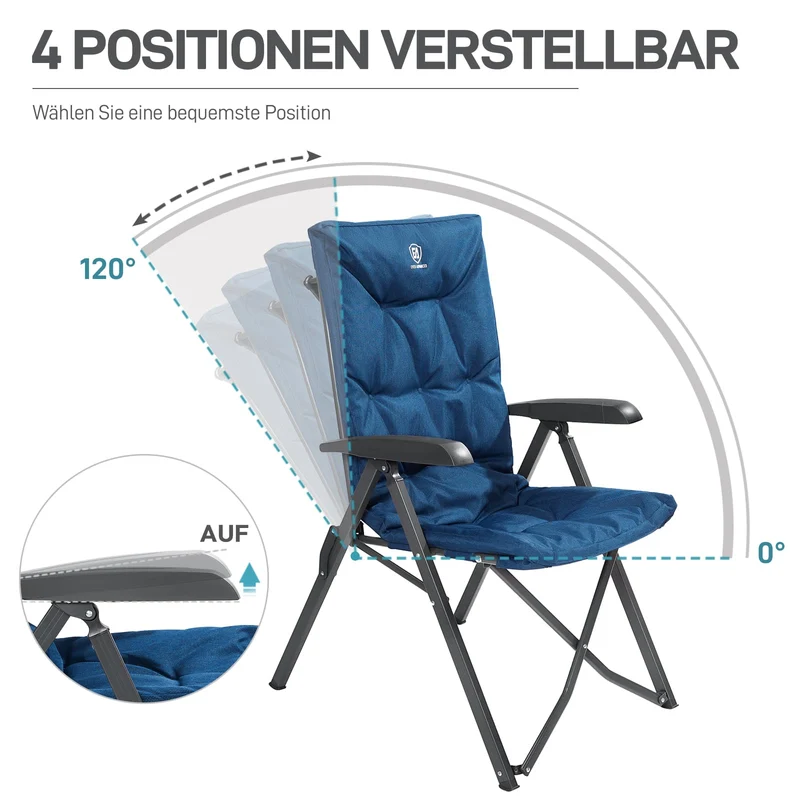 EVER ADVANCED Campingstuhl Faltbar Rückenverstellbar in 4 Positionen 150 KG Belastbarkeit Klappstuhl Luxus 6cm Dicke Gepolstert Gartenstuhl Hohe Lehne Angelstuhl für Camp Garten Balkon Alu+Stahl